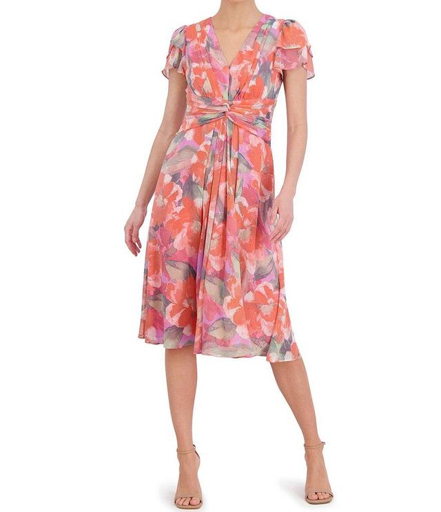 Jessica Howard Petite Size Short Flutter Sleeve V-Neck Floral Chiffon Midi Dress Product Image