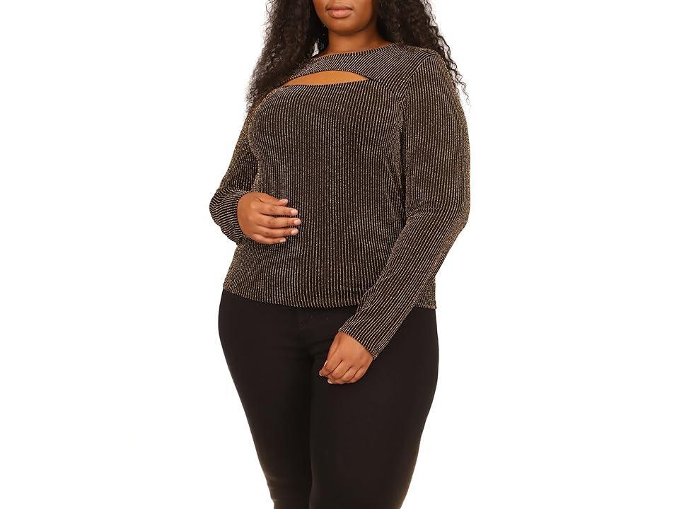 MICHAEL Michael Kors Plus Size Sparkle Cutout Long Sleeve Top (Black Women's Clothing Product Image