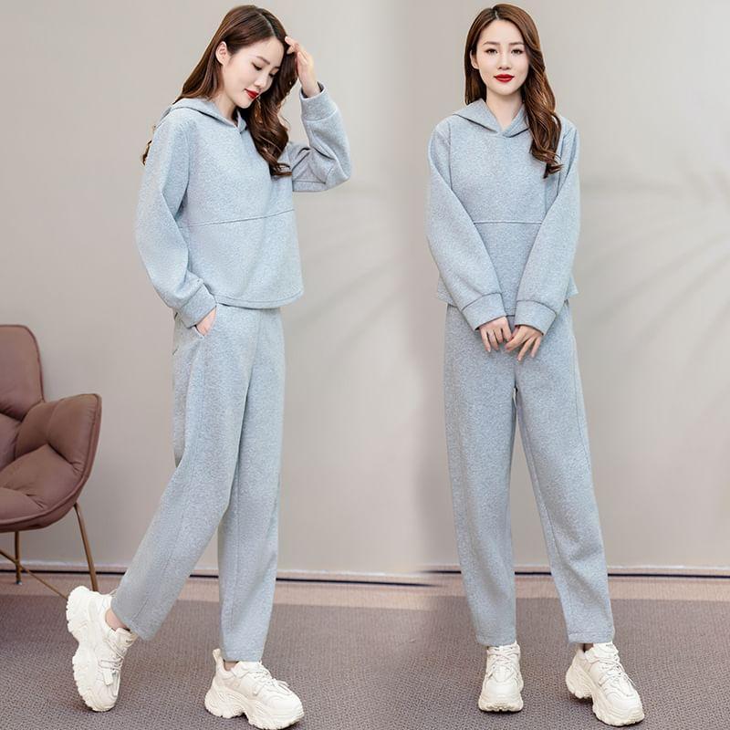 Set: Plain Hoodie + High Waist Cropped Harem Sweatpants Product Image