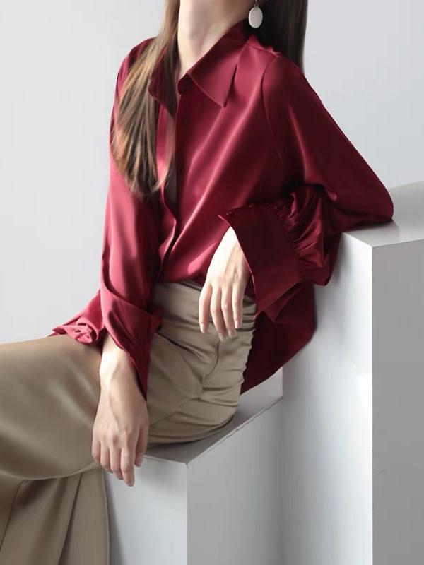 Casual Long Sleeves Loose Solid Color Lapel Collar Blouses&Shirts Tops Product Image