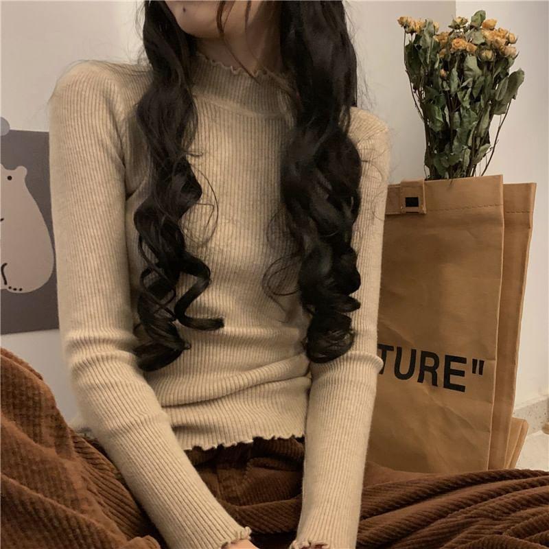 Long-Sleeve Mock Neck Plain Lettuce Edge Slim Fit Knit Top Product Image