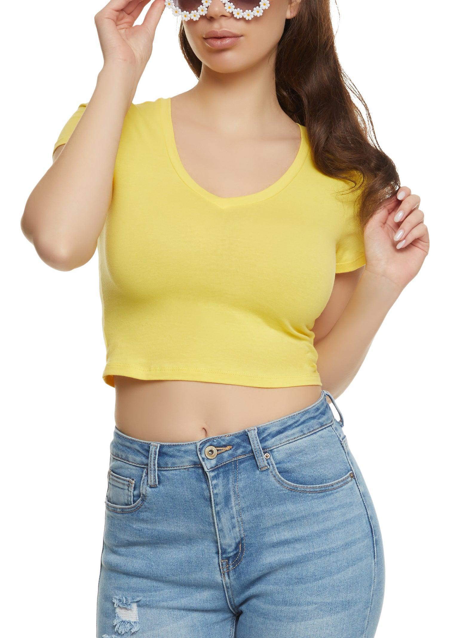 Womens Solid Cropped V Neck Tee Product Image