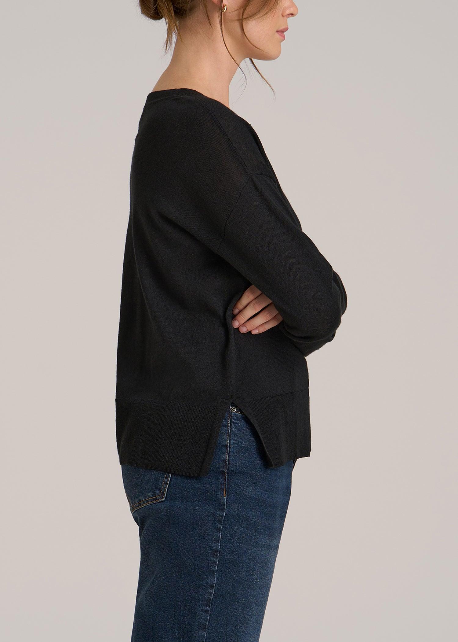 Linen Blend Split Hem V-Neck Sweater for Tall Women in Black Female Product Image