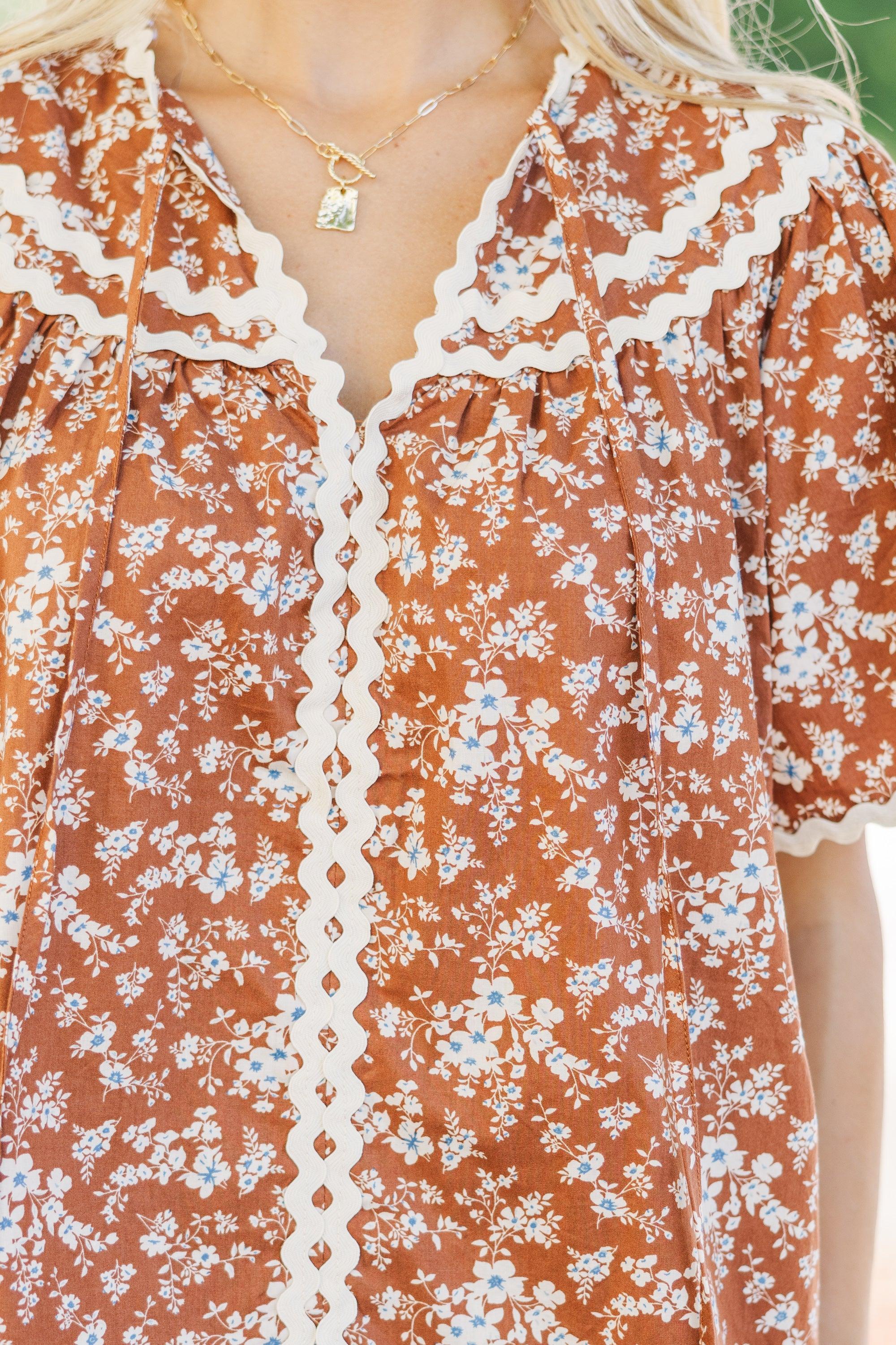 Win You Over Chestnut Brown Ditsy Floral Blouse Female Product Image