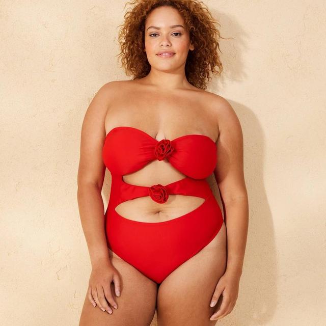 Womens Removable Rosette Extra High Leg Extra Cheeky One Piece Swimsuit - Wild Fable Red 14 Product Image