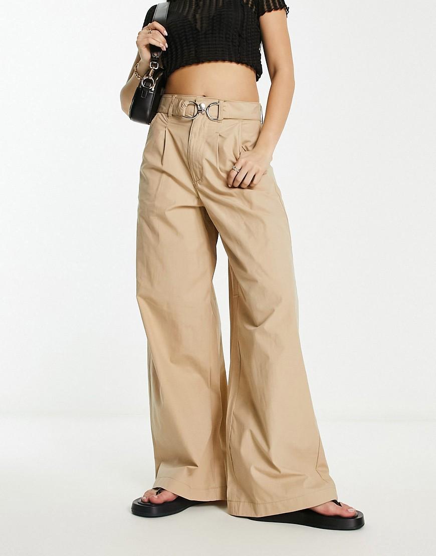 River Island belted wide leg pants with hardware detail in beige  Product Image