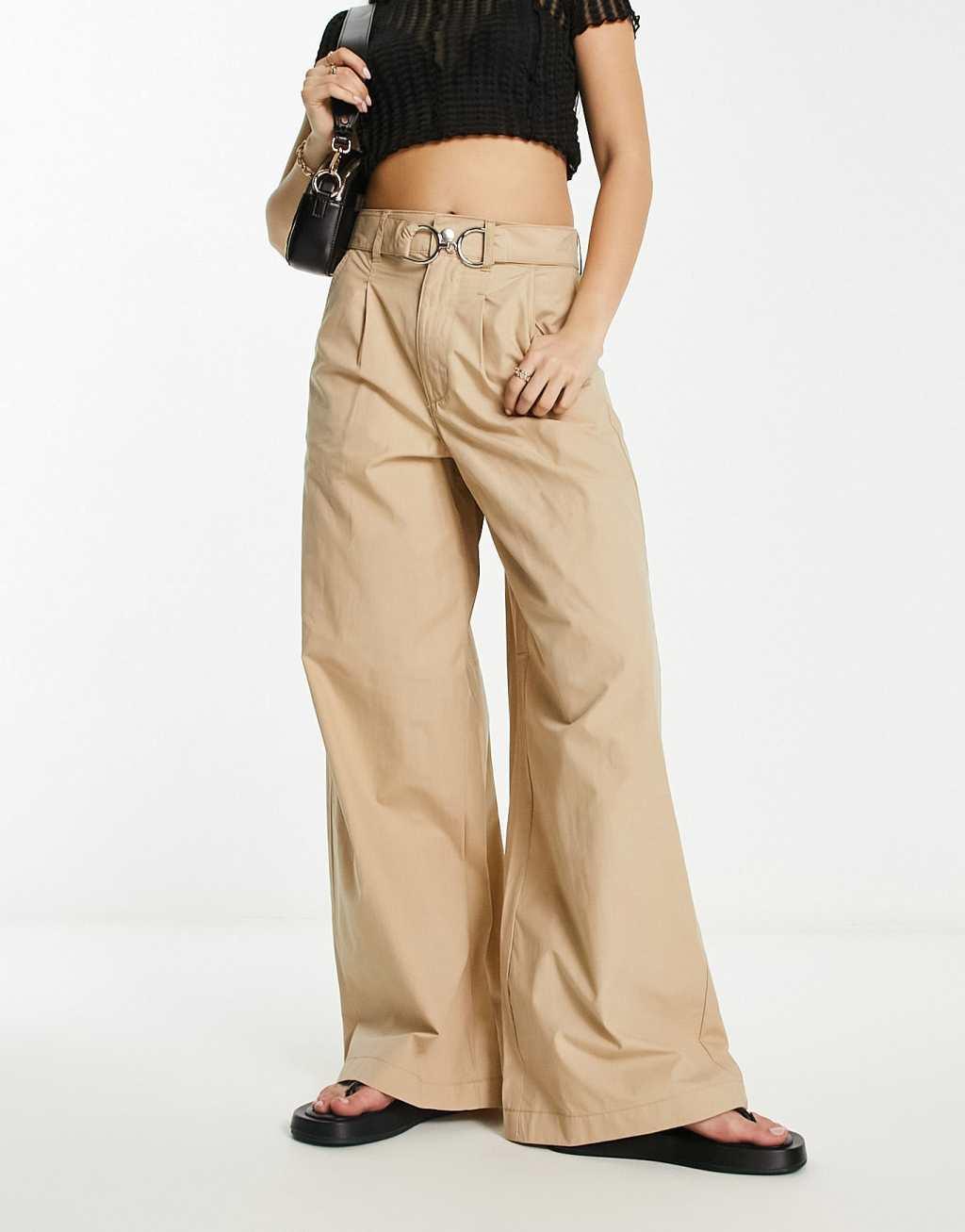 River Island belted wide leg pants with hardware detail in beige  Product Image