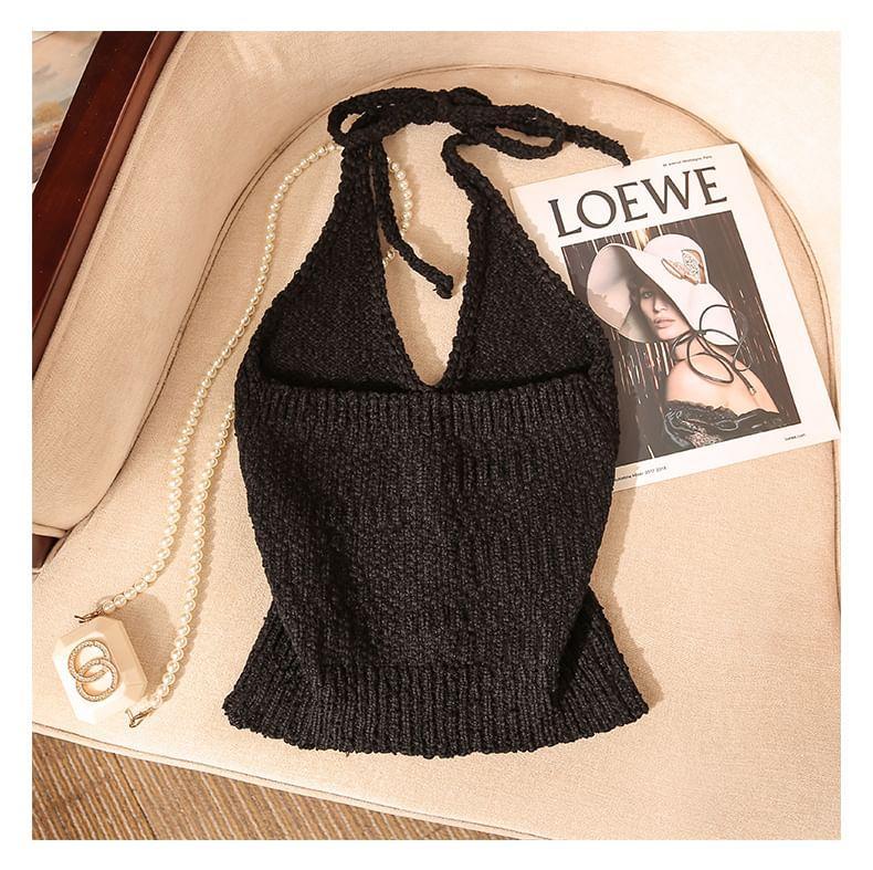 Halter V-Neck Plain Button Knitted Crop Camisole Top Product Image