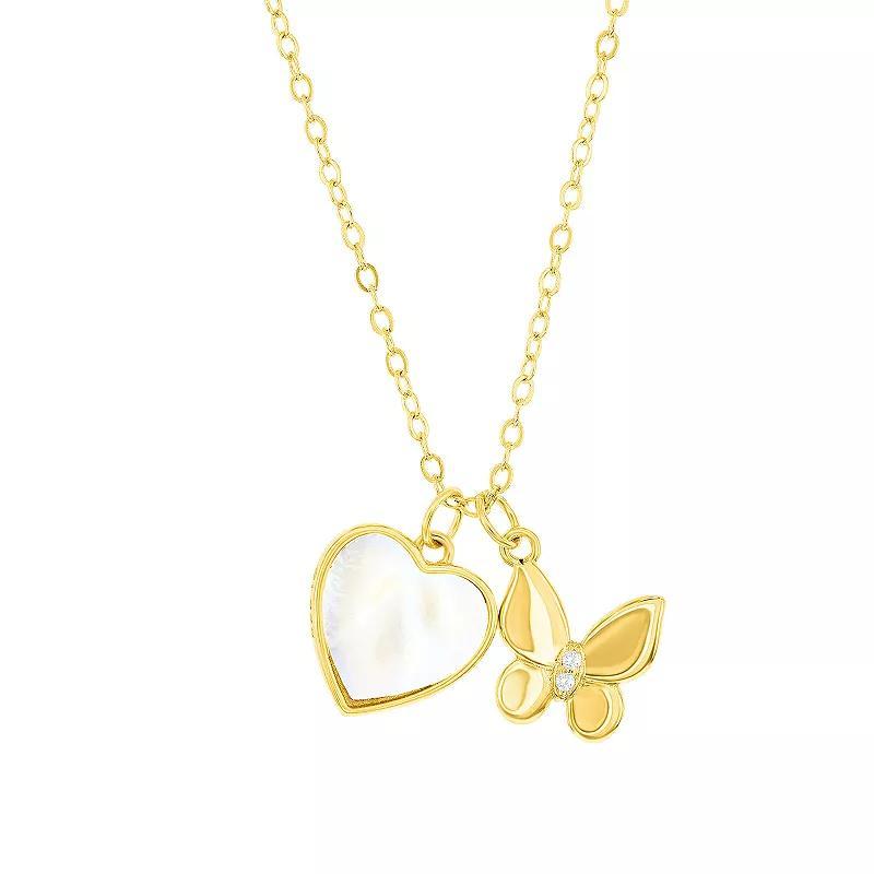 Argento Bella Sterling Silver Mother-of-Pearl Heart & Butterfly Necklace, Womens Gold Tone Product Image