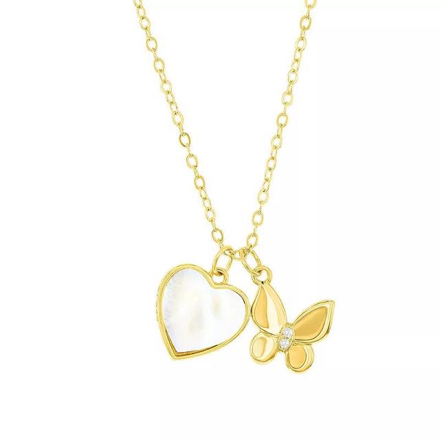 Argento Bella Sterling Silver Mother-of-Pearl Heart & Butterfly Necklace, Womens Gold Tone Product Image