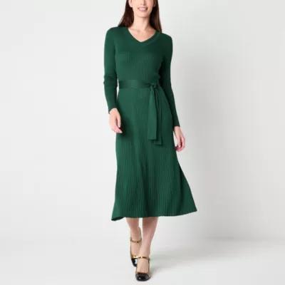 Studio 1 Womens Long Sleeve Belted Midi Sweater Dress Product Image