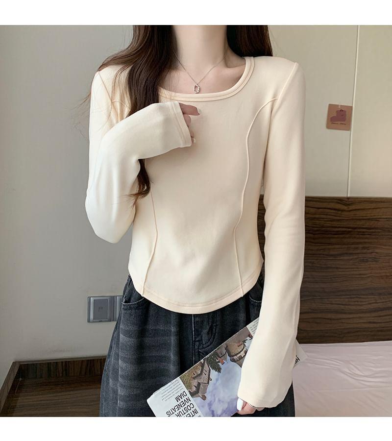 Long-Sleeve Square Neck Plain T-Shirt Product Image