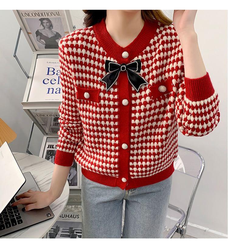 Round Neck Patterned Bow Cardigan Product Image