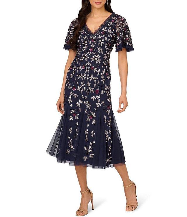 Adrianna Papell Beaded Mesh Ruffle V-Neck Short Flutter Sleeve Godet Midi Dress Product Image