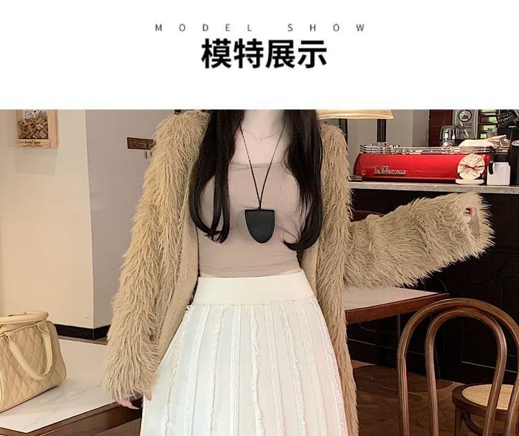 Elastic Waist Plain Fringed Pleated Midi A-Line Knit Skirt Product Image