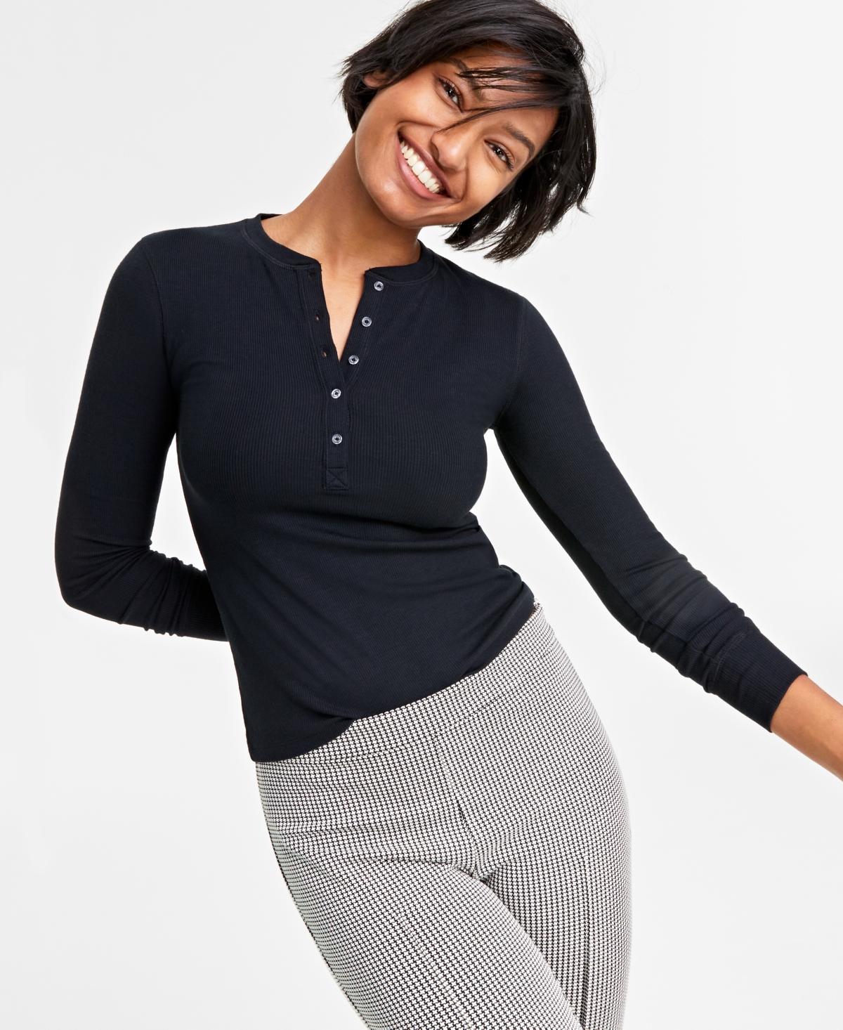 On 34th Womens Ribbed Long-Sleeve Henley Top, Created for Macys Product Image