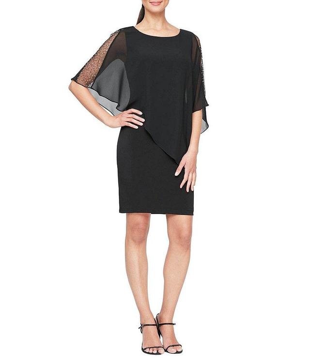 Ignite Evenings Asymmetrical Popover Round Neck Short Capelet Sleeve Embellished Sheath Dress Product Image