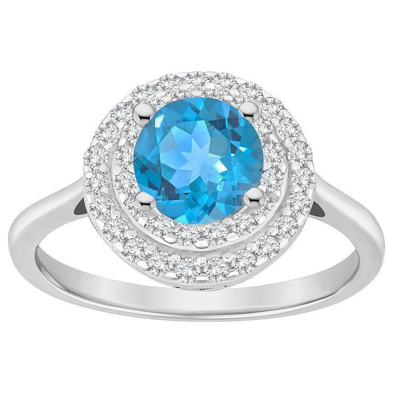 Celebration Gems Sterling Silver Round-Cut Swiss Blue Topaz & White Topaz Double Halo Ring, Womens Product Image