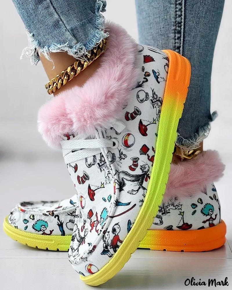 Olivia Mark – Premium Holiday Collection: Festive Cartoon Character Graphic Lined Ankle Boots with Fuzzy Detail Print Product Image