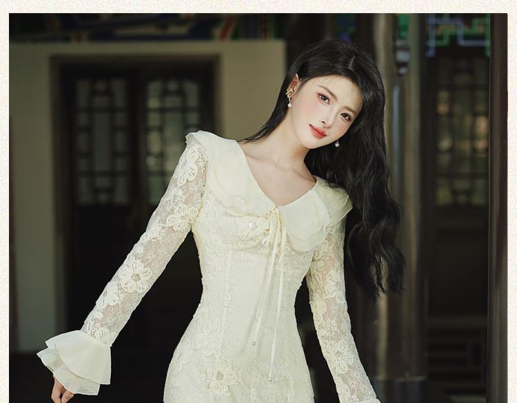 Long Sleeve V-Neck Lace Panel Ruffle Maxi A-Line Dress Product Image