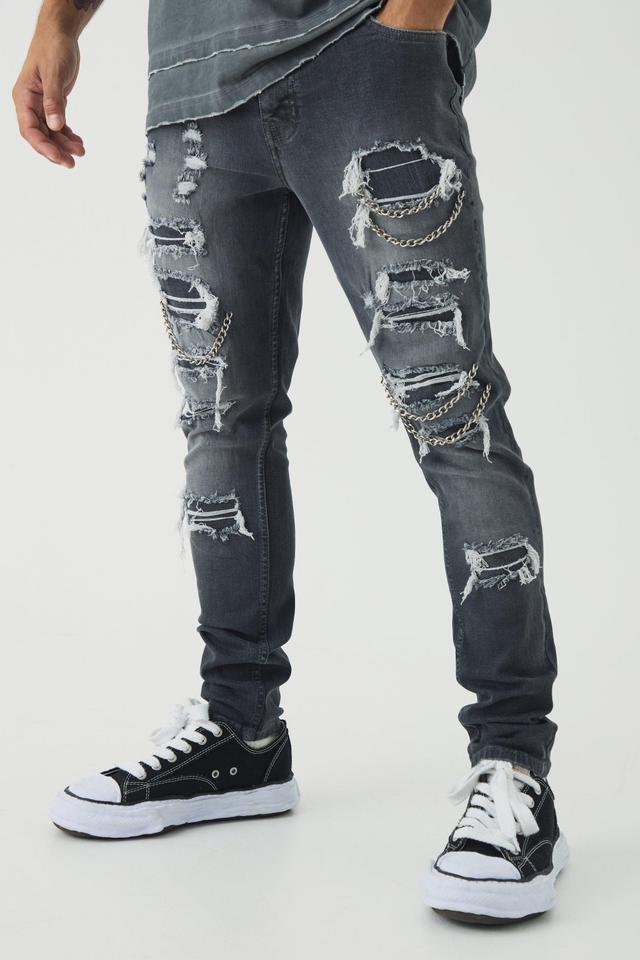 Skinny Stretch Ripped Chain Jeans | boohooMAN USA Product Image