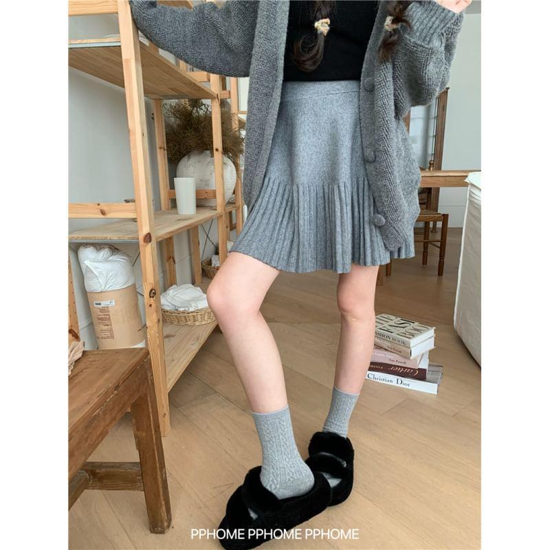 High Waist Plain Pleated Knit Mini A-Line Skirt Product Image