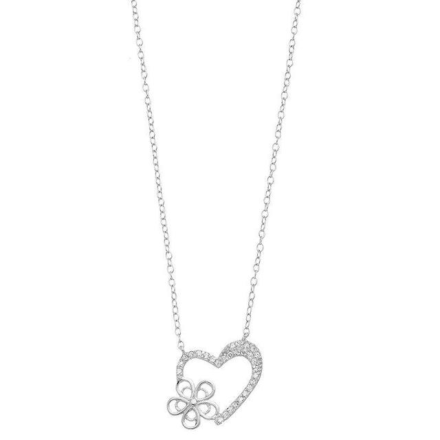 Sterling Silver Cubic Zirconia Open Heart & Flower Necklace, Womens White Product Image