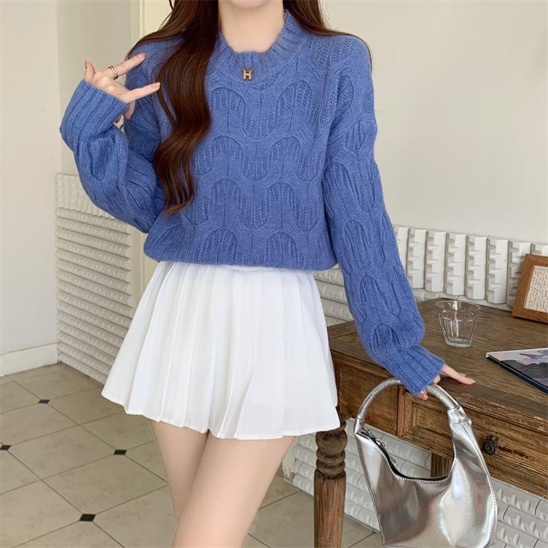 Long-Sleeve Crewneck Cable Knit Sweater Product Image