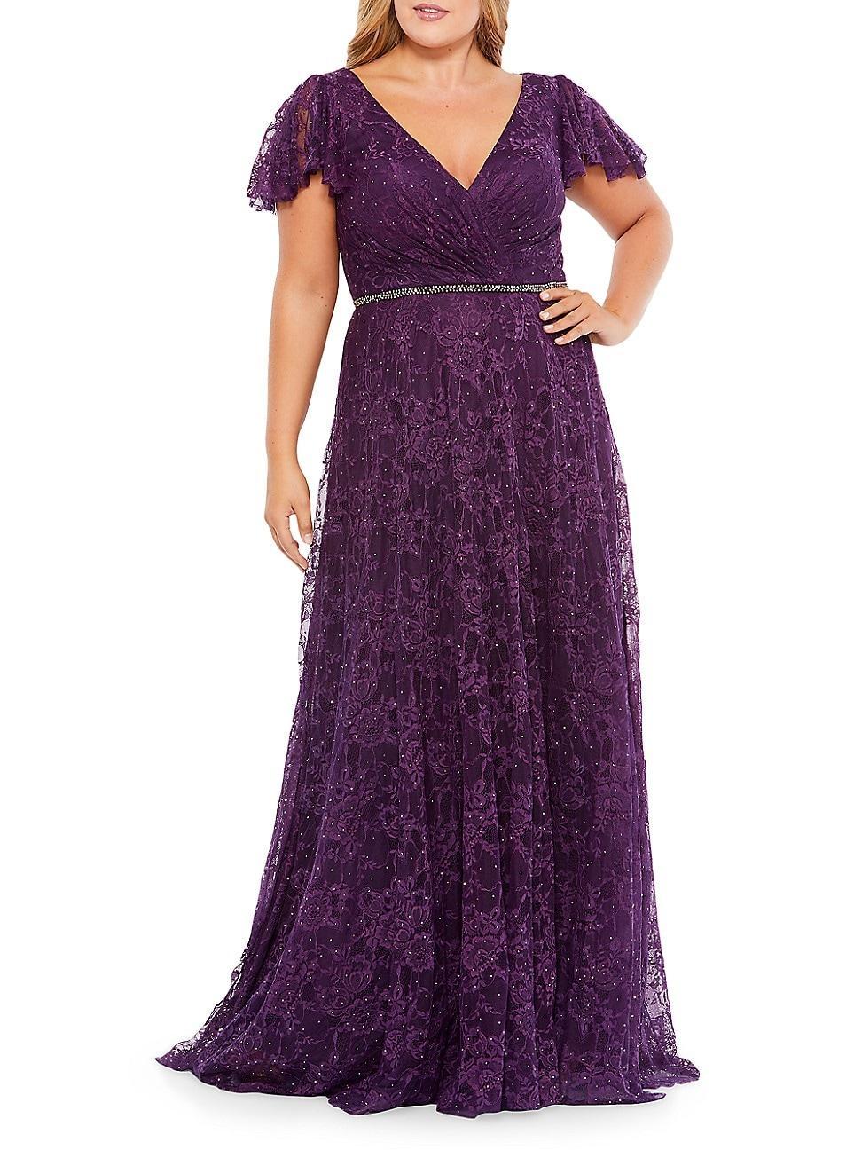 Womens Plus Size Embellished Flutter Sleeve Evening Gown Product Image