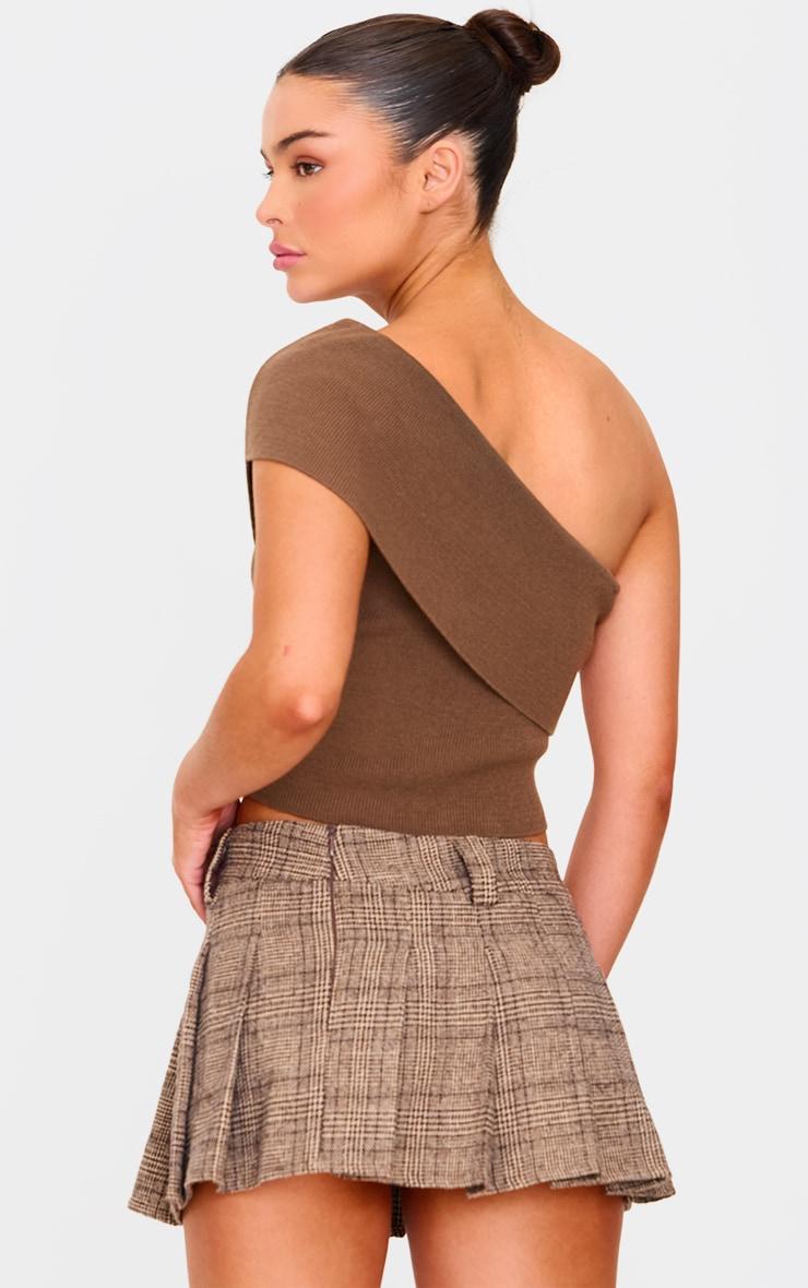 Deep Taupe Soft Rib Knit One Shoulder Fold Over Crop Top Product Image