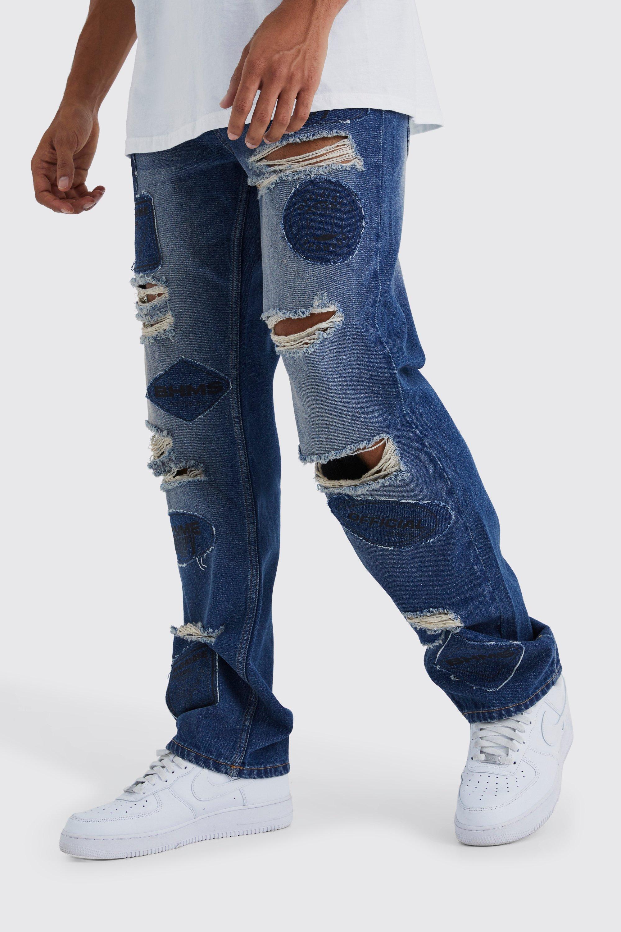 Mens Blue Relaxed Rigid Applique Ripped Jeans, Blue Product Image