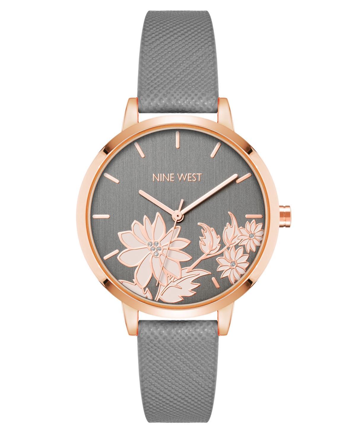 Nine West Womans Quartz Gray Faux Leather Band and Floral Pattern Watch, 36mm - Gray Product Image