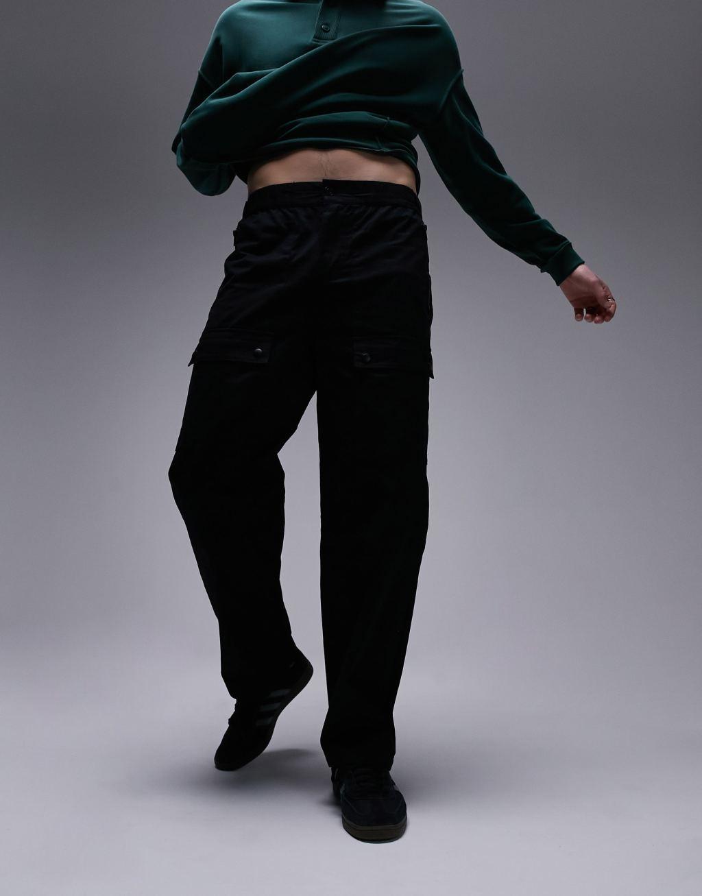 Topman belted cargo pants in black Product Image