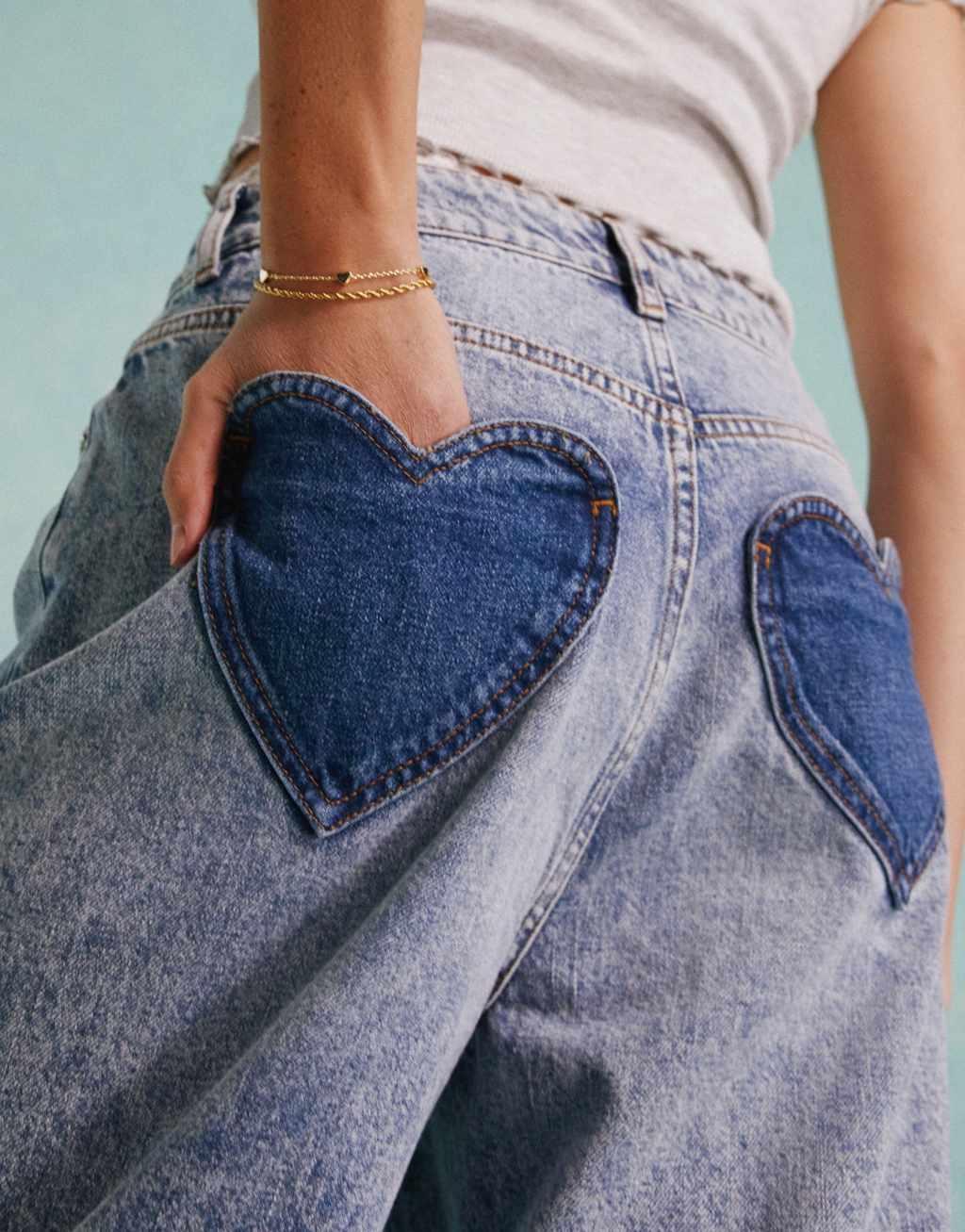 Miss Selfridge baggy heart pocket jeans in acid wash Product Image