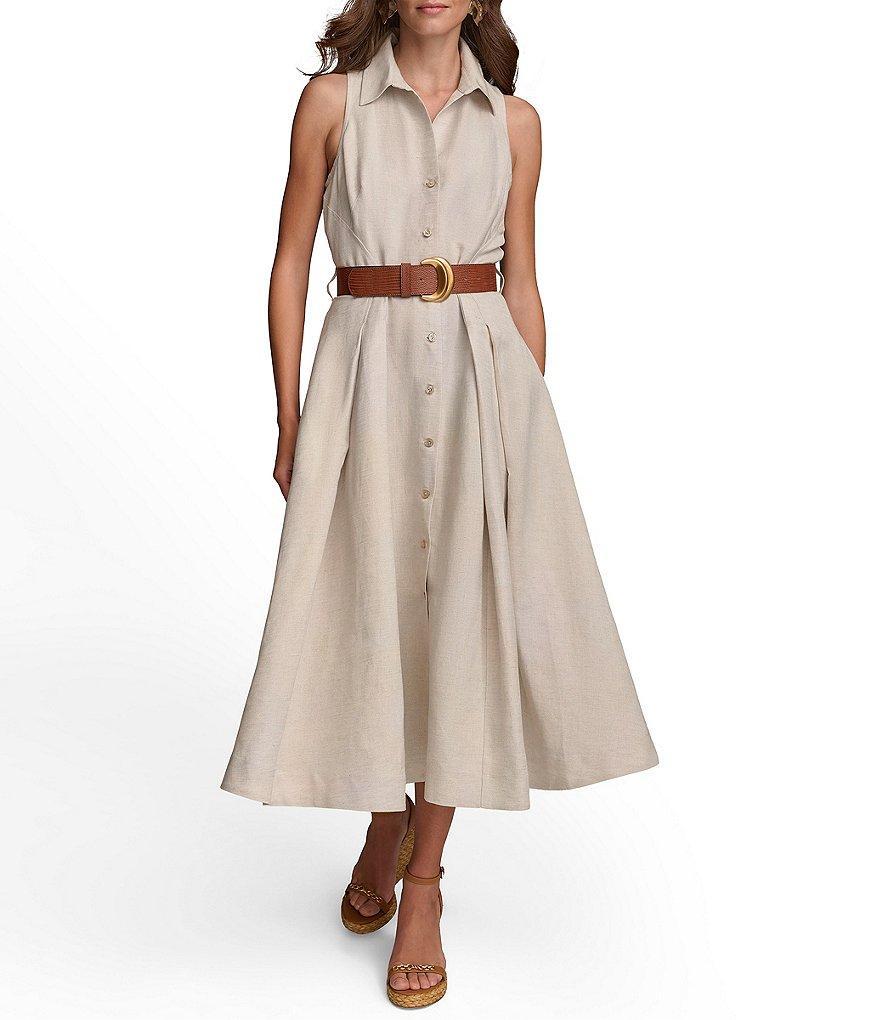 Donna Karan Linen Sleeveless Point Collar V-Neck Side Pocket Belted A-Line Pleated Button Front Midi Dress Product Image