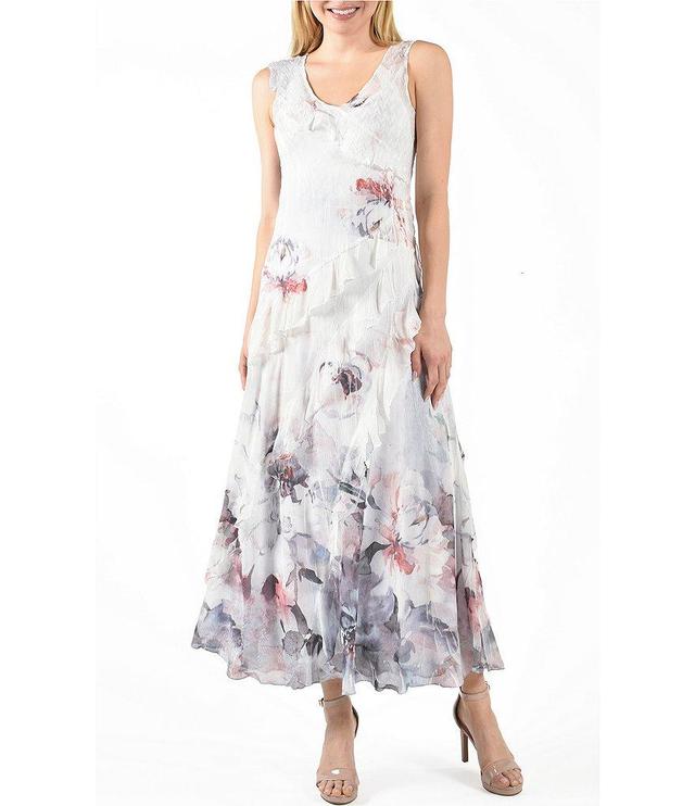 Komarov Charmeuse Pleated Floral Ruffle V-Neck Sleeveless A-Line Dress Product Image