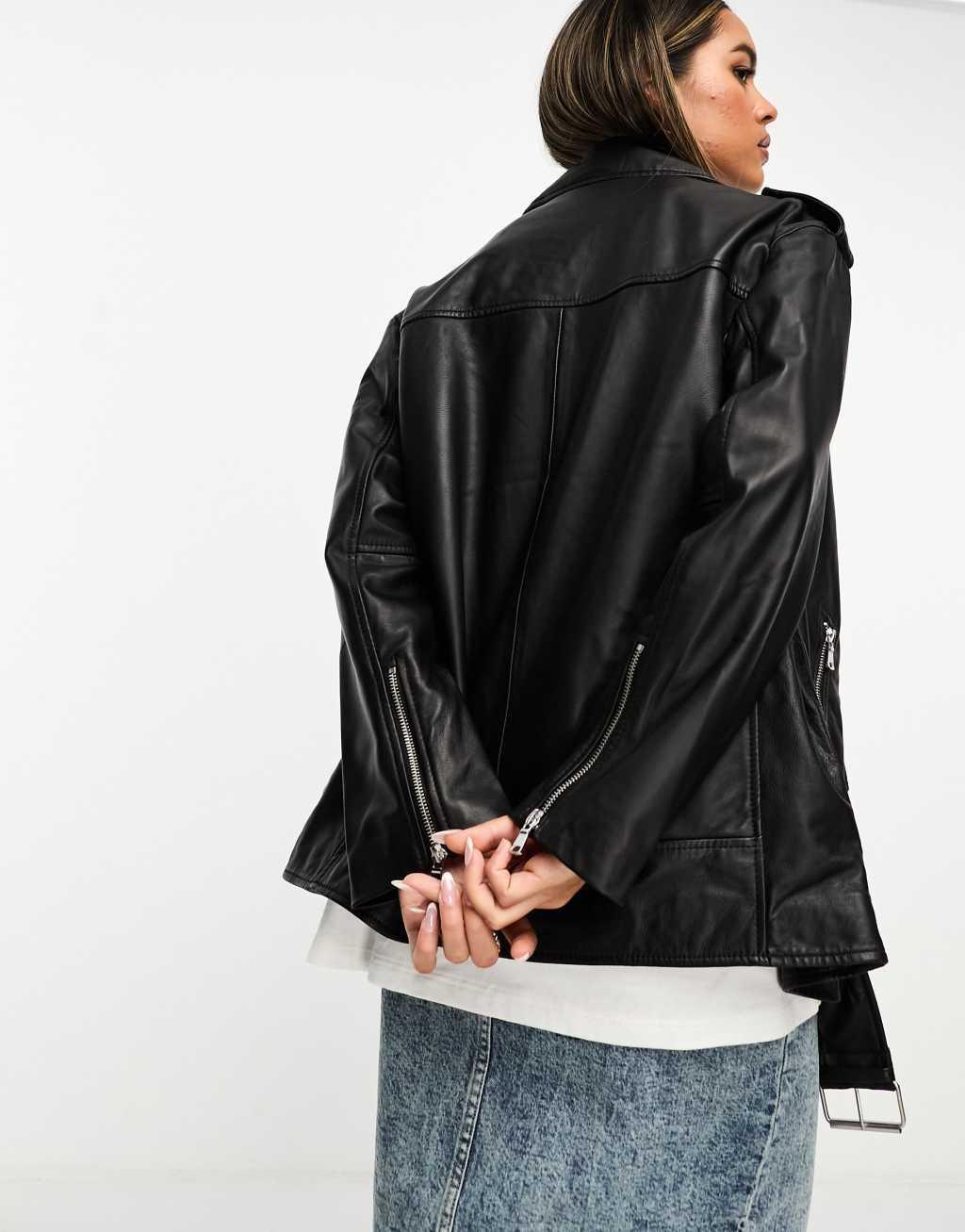 ASOS DESIGN premium real leather clean biker jacket in black Product Image