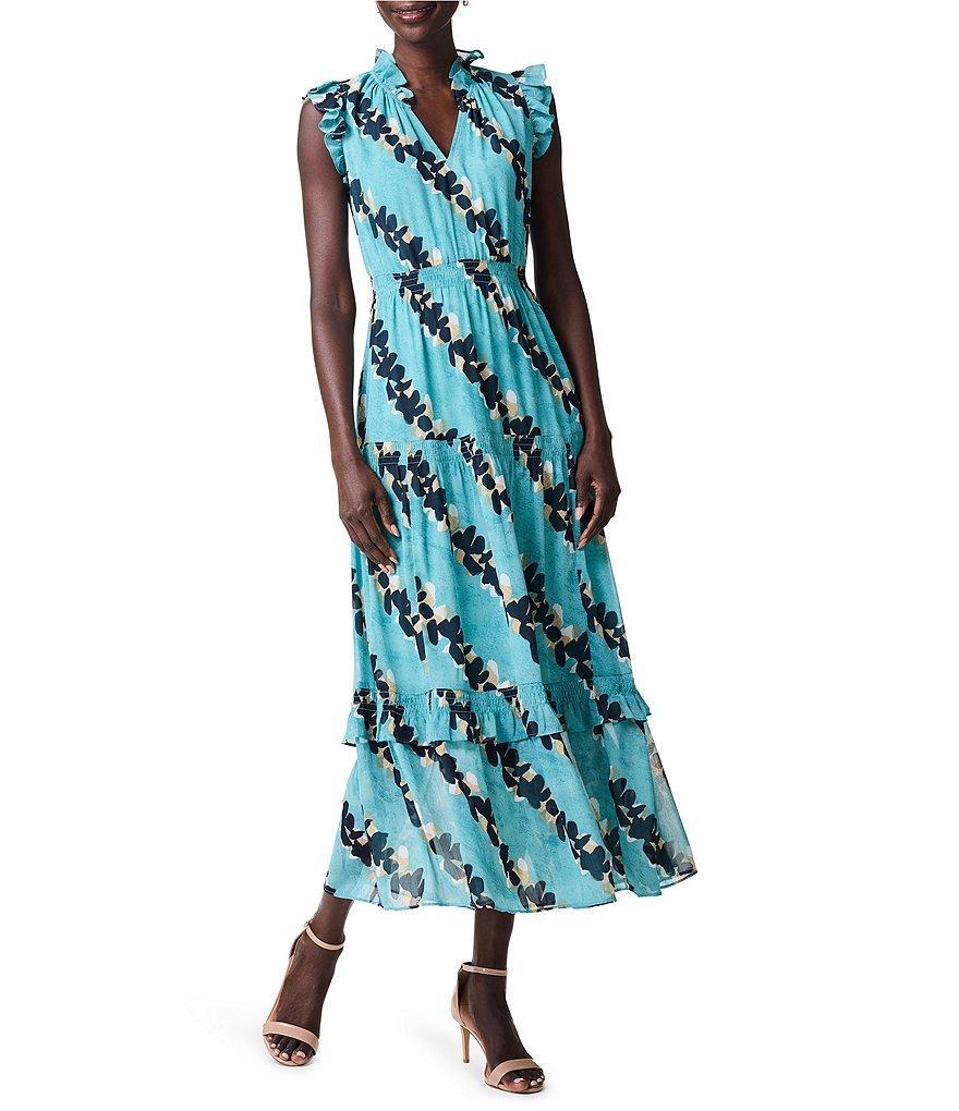 NIC + ZOE Woven Rolling Reef Print Ruffle Split V-Neck Cap Sleeve Tiered A-Line Maxi Dress Product Image