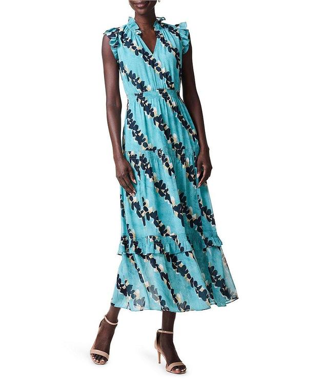 NIC + ZOE Woven Rolling Reef Print Ruffle Split V-Neck Cap Sleeve Tiered A-Line Maxi Dress Product Image