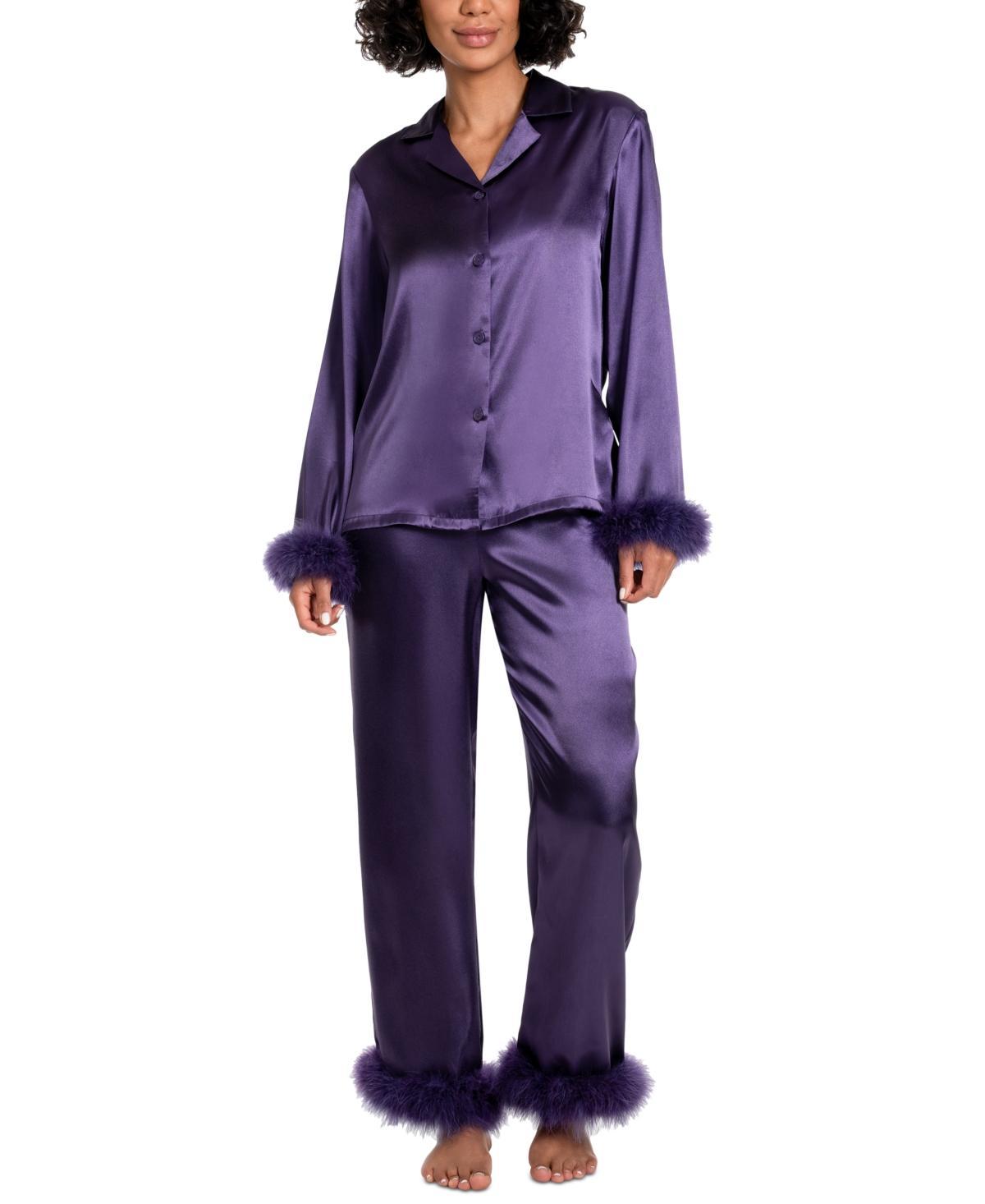 Linea Donatella Womens Marabou Feather Satin Pajama Set Product Image