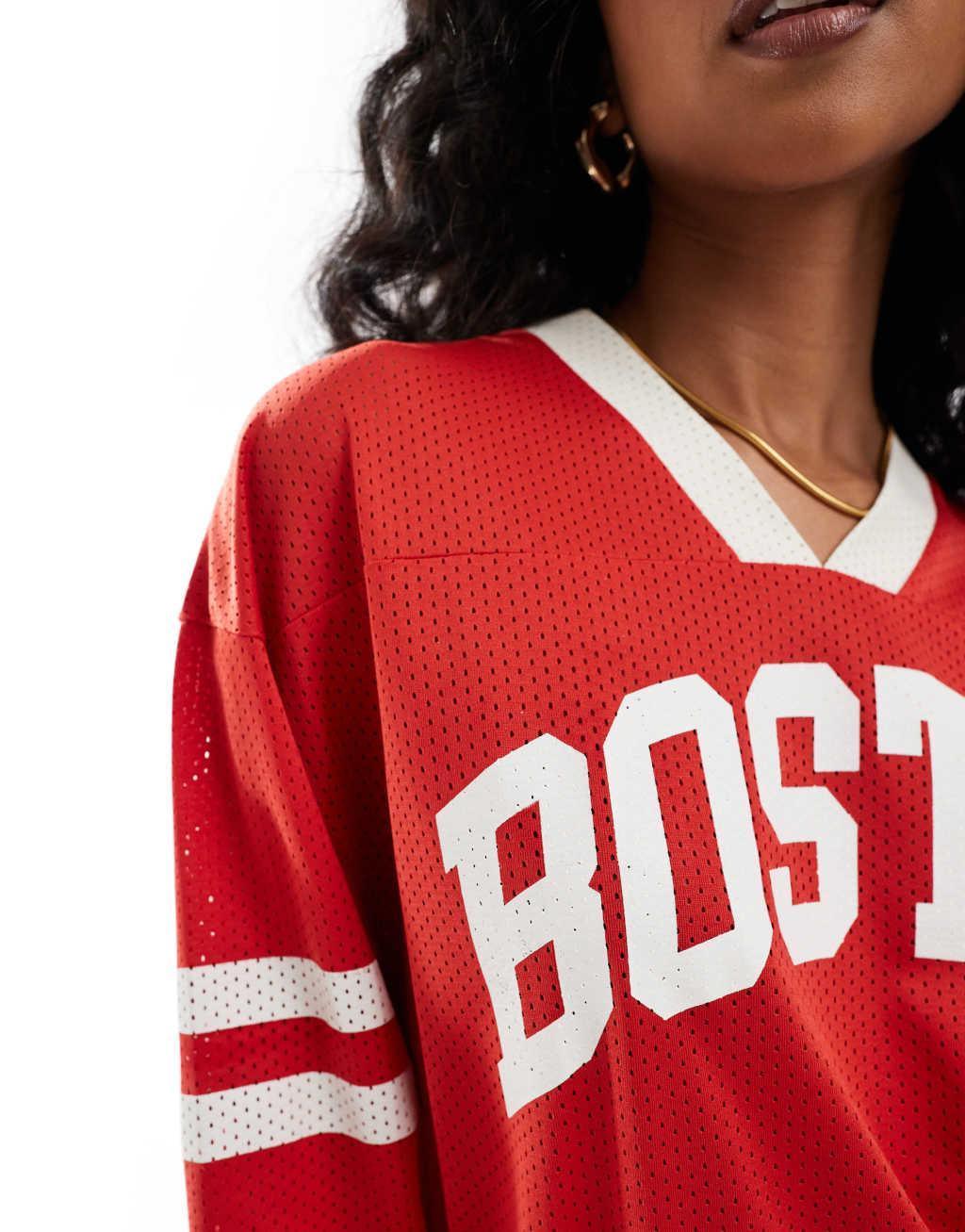 ASOS DESIGN V neck sweat with boston sports graphic in red Product Image