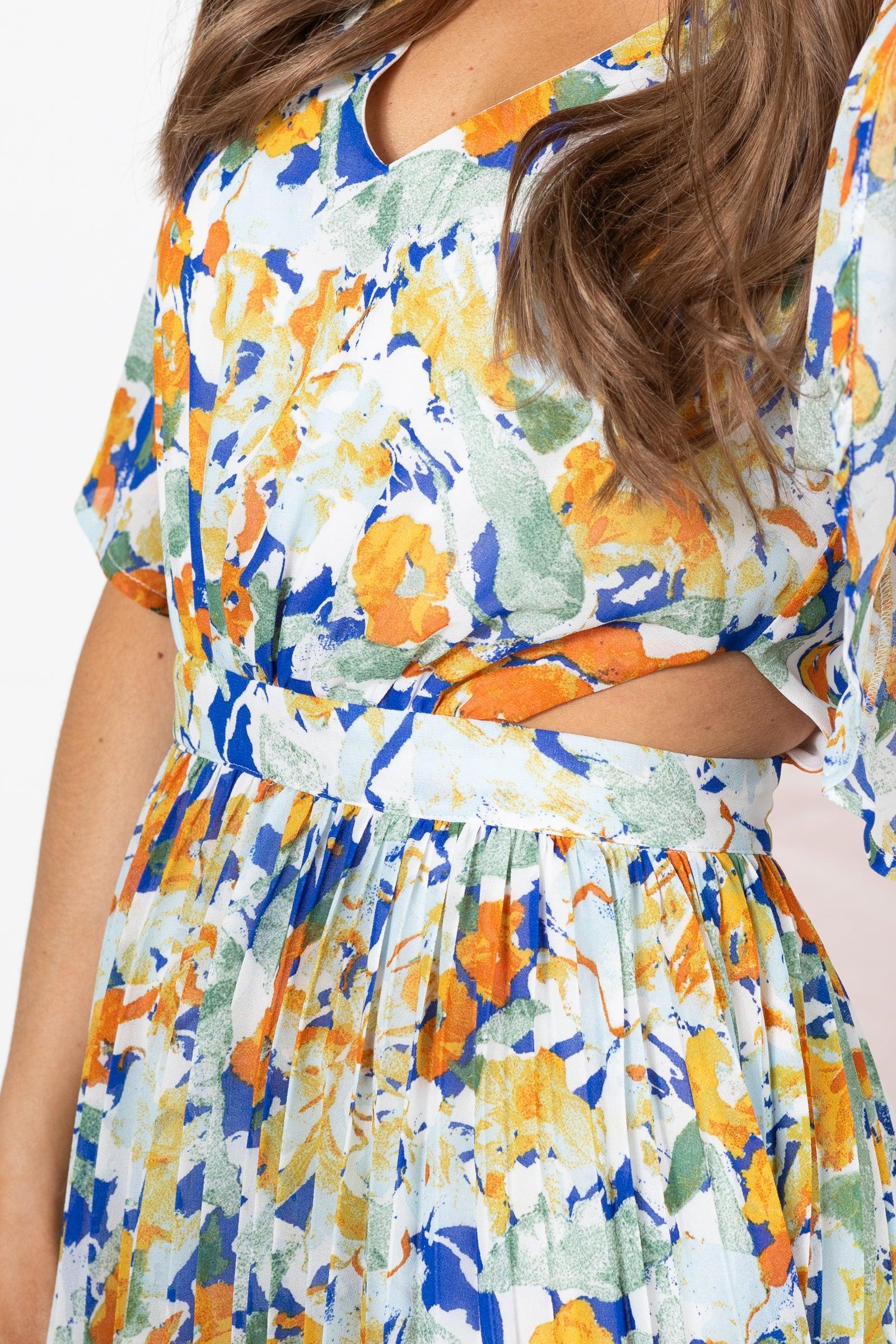 Orange Short Sleeve Floral Midi Dress Product Image