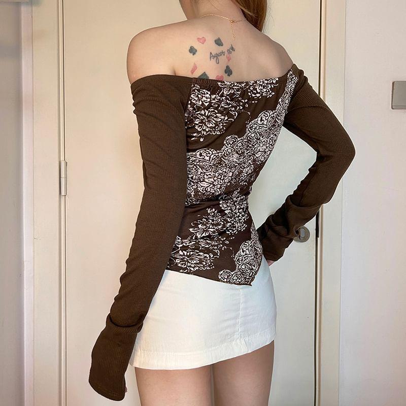 Long-Sleeve Off-Shoulder Floral Print Lace Panel Tie Front Slim Fit Crop Top Product Image