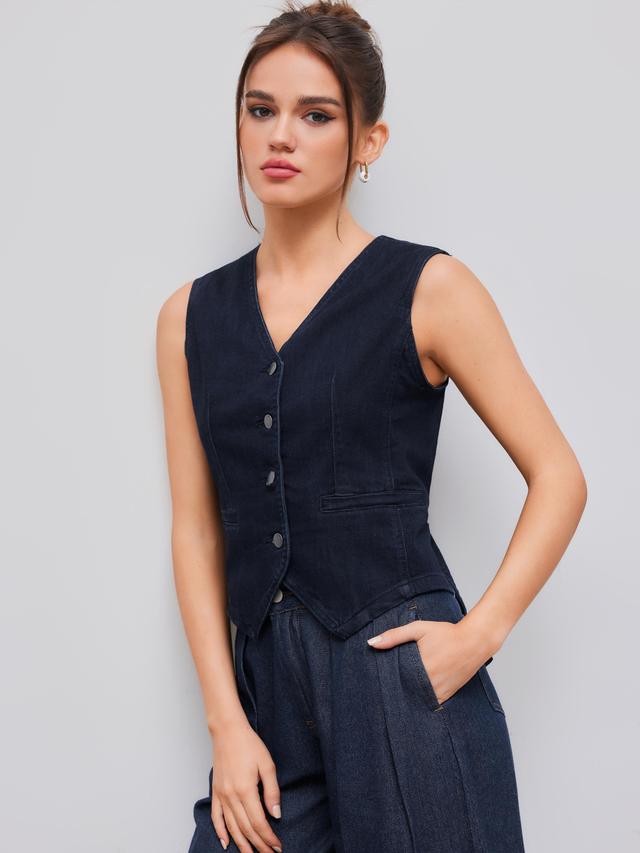 Stretch Denim V-neck Solid Button Belted Vest Product Image