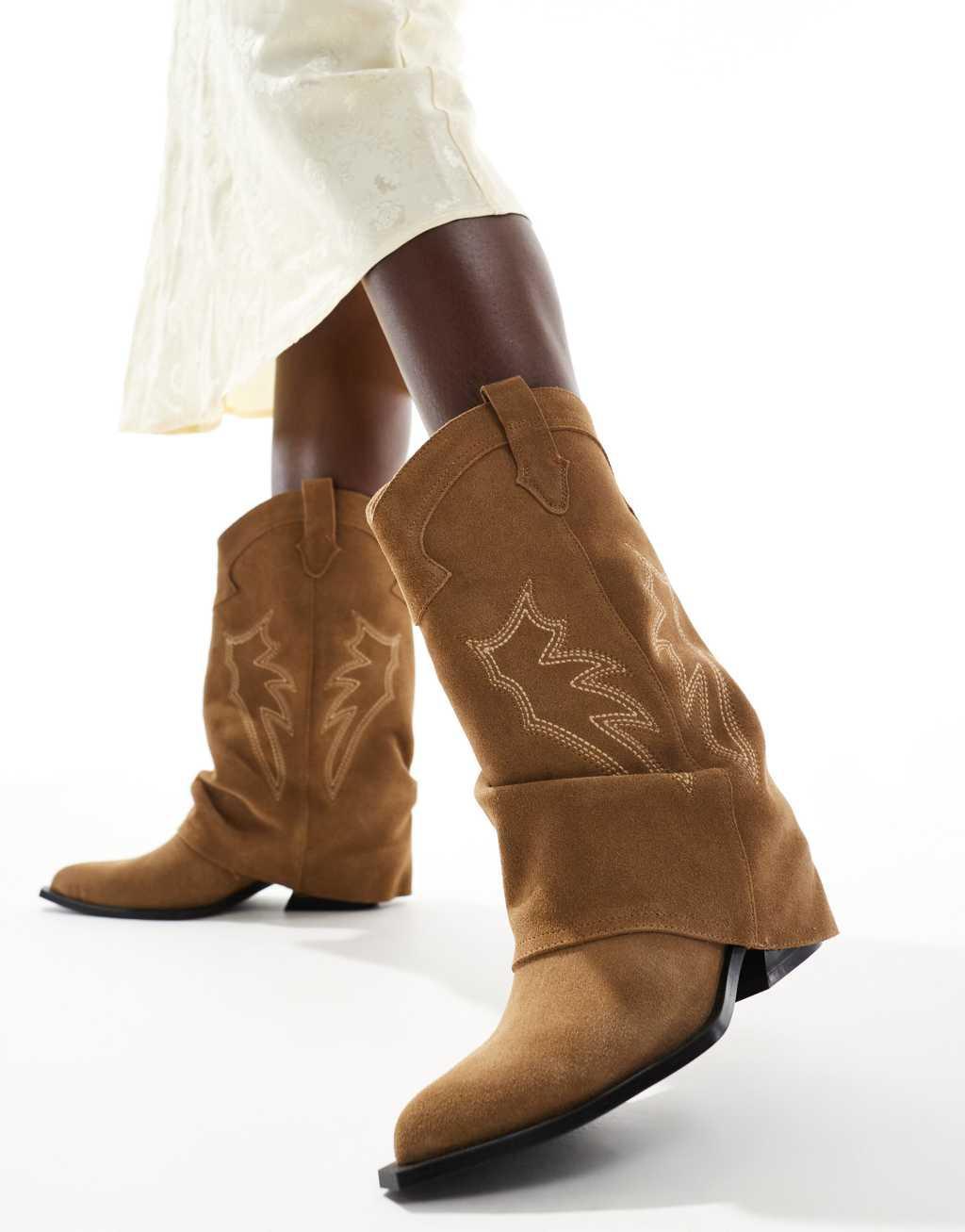 Stradivarius real suede heeled fold over western boot in beige product image