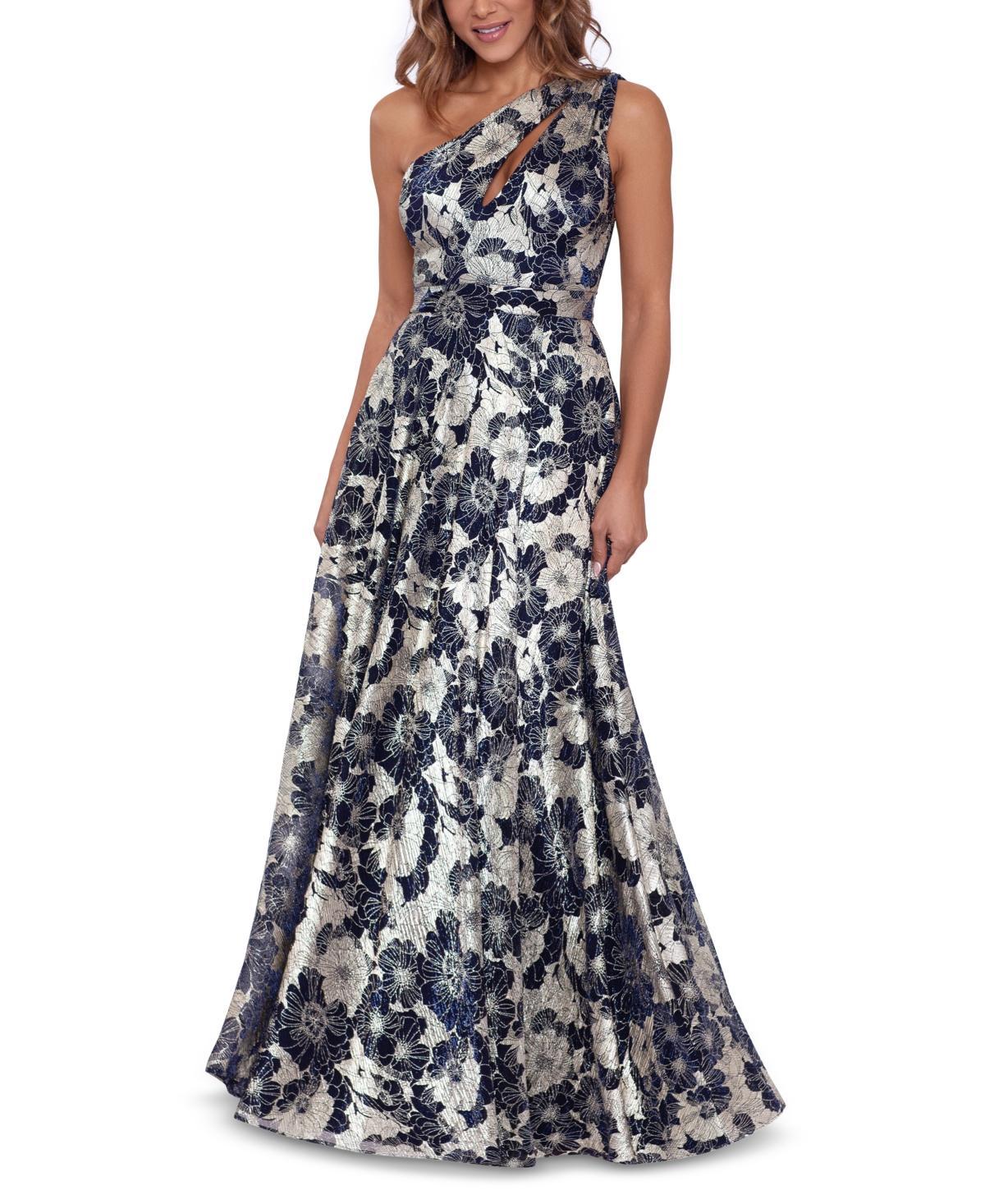 Betsy  Adam Metallic Floral One Shoulder Keyhole Sleeveless Gown Product Image