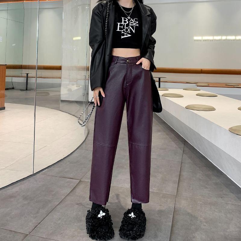 High Waist Plain Faux Leather Cropped Tapered Pants Product Image