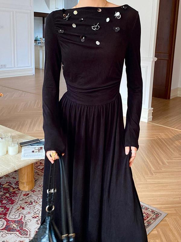 A-Line Long Sleeves Pleated Sequined Solid Color Split-Joint Round-Neck Midi Dresses Product Image