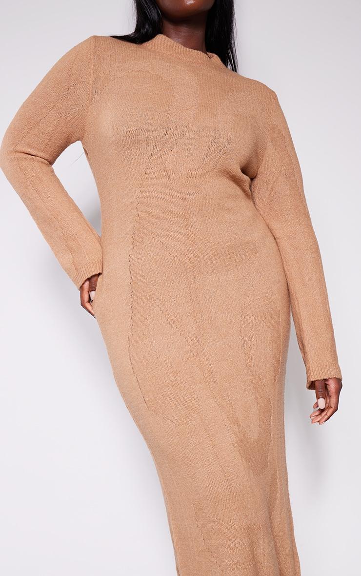 Plus Mocha Soft Knit Open Back Long Sleeve Maxi Dress Product Image