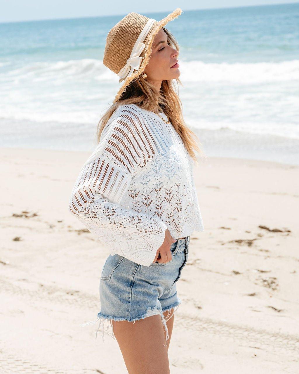 White Long Sleeve Crochet Sweater-FINAL SALE Product Image